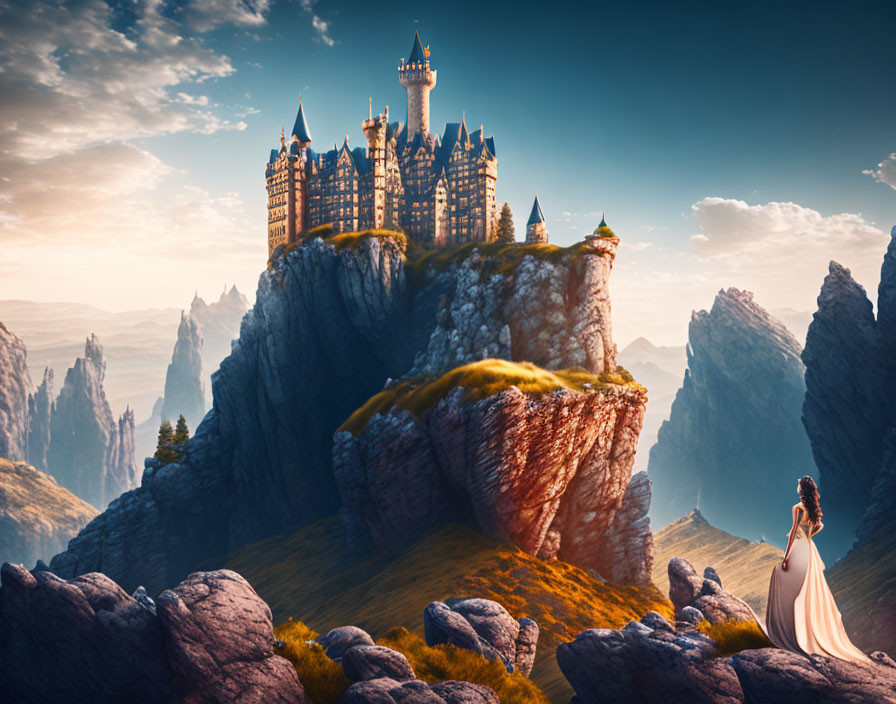 Woman in white dress admires majestic castle on steep cliff in rocky terrain under golden sky