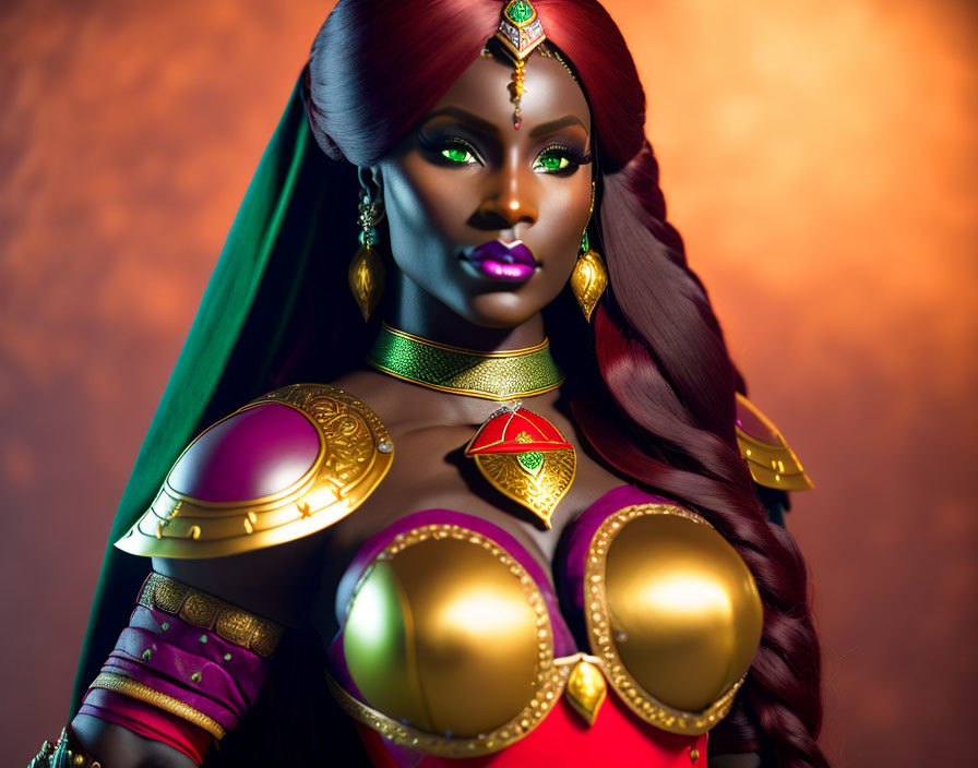 Regal woman in gold armor with green cape on fiery background