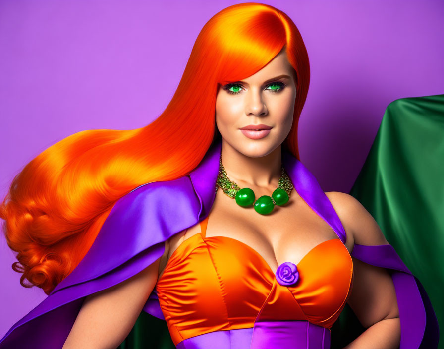 Colorful illustration of woman with orange hair in purple dress and green cape on purple background