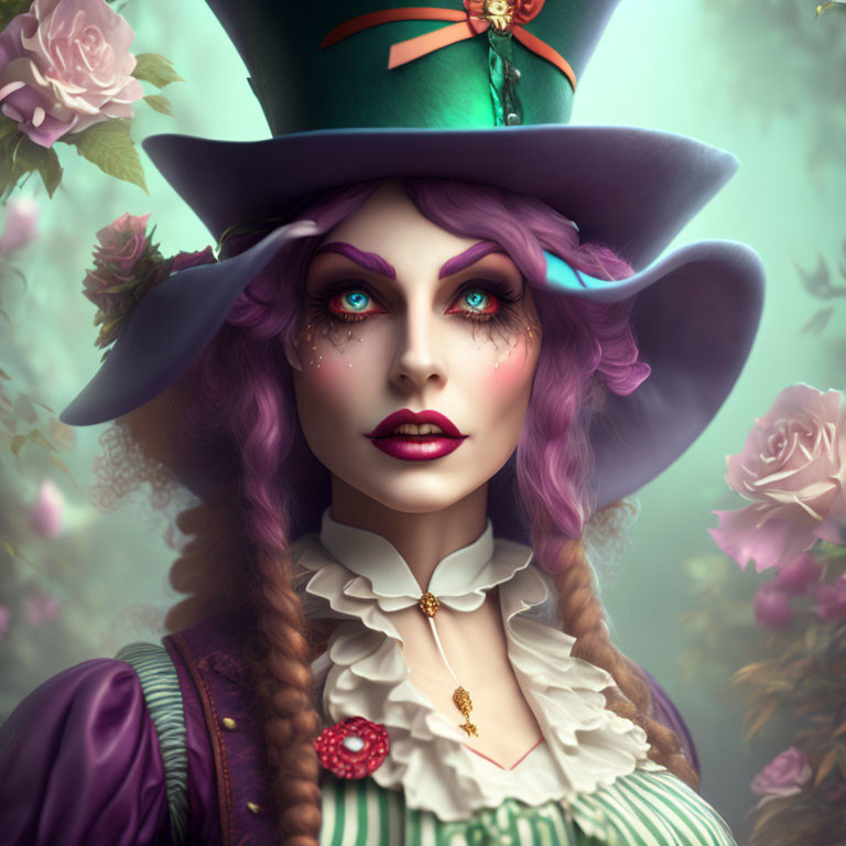 Illustrated woman with purple hair and green hat in Victorian attire, surrounded by roses