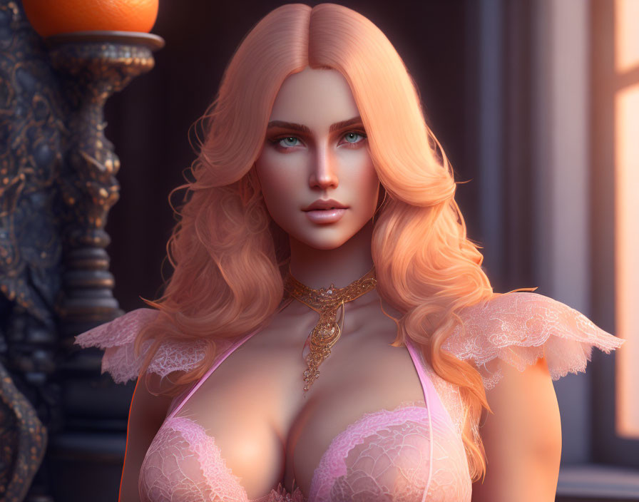 Digital Artwork: Woman with Pink Hair and Blue Eyes in Lace Garment