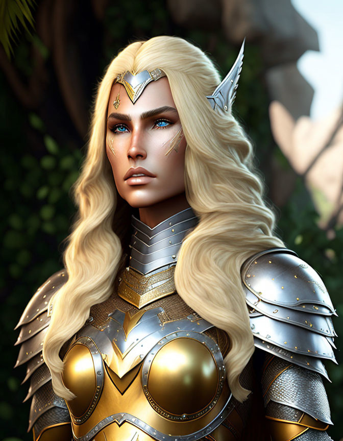 Fantasy digital artwork: Female elf warrior in golden armor