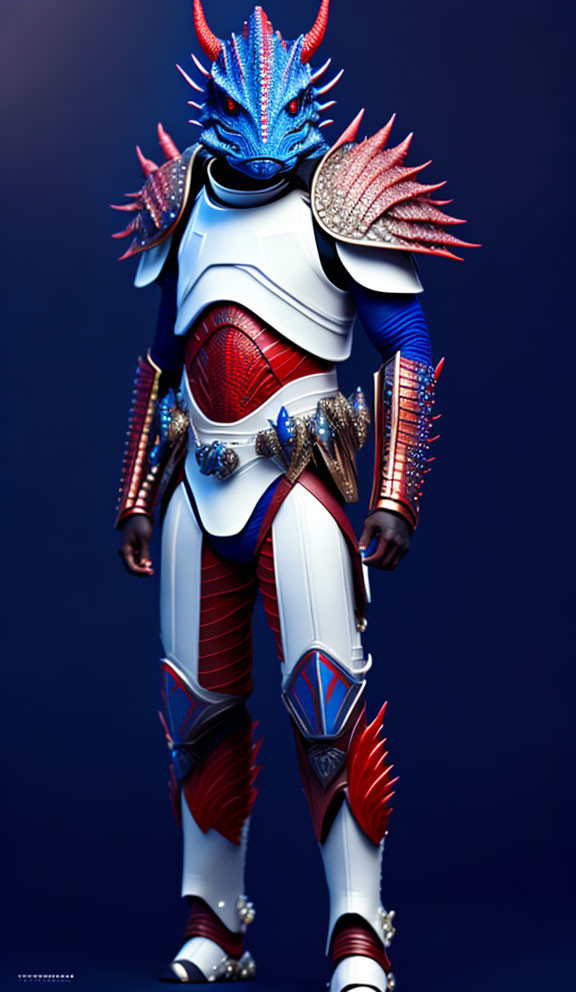 Armored figure with dragon-themed helmet in red-blue-white color scheme