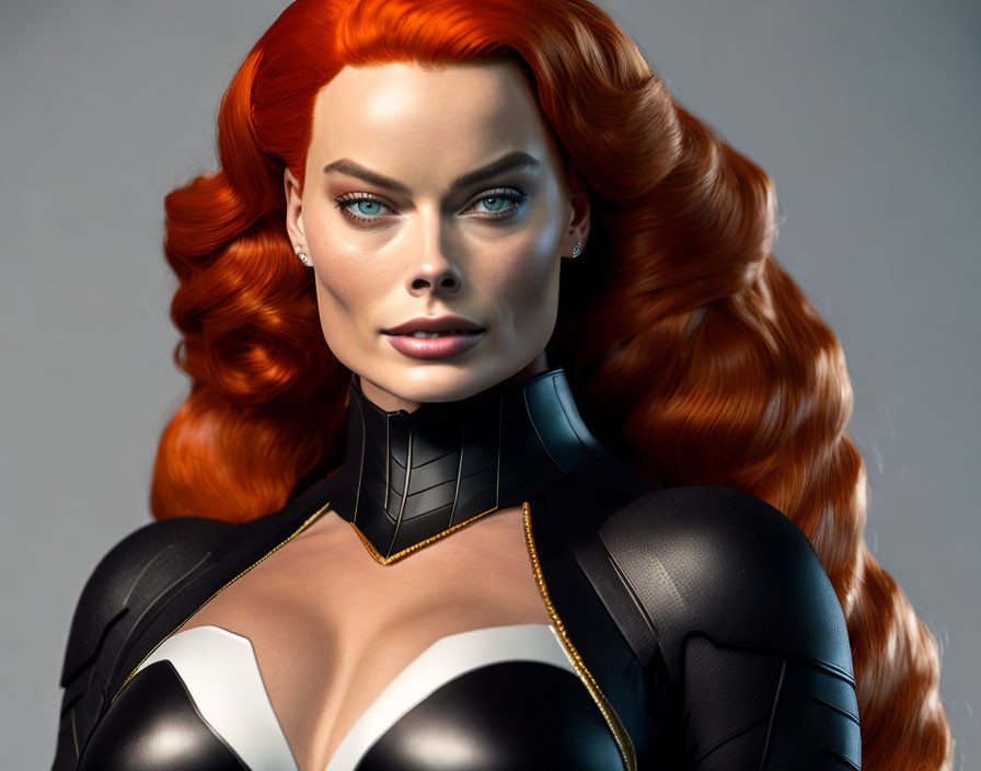 Vibrant red hair, blue eyes, black and white bodysuit female character