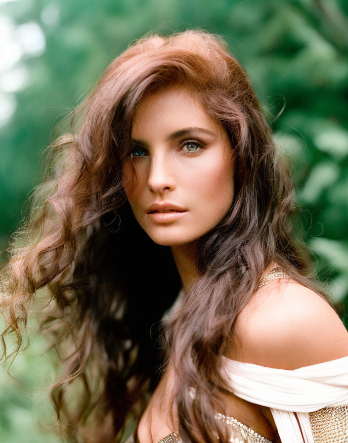 Woman with Long Wavy Brown Hair and Subtle Makeup in Soft-Focus Greenery Background