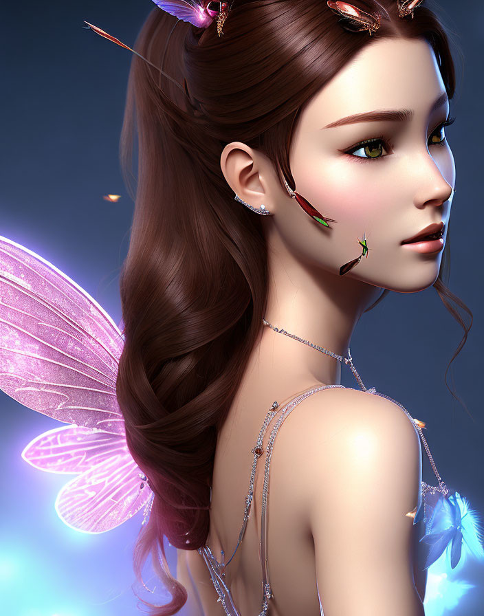 Fantastical fairy digital artwork with pink wings and floral accessories