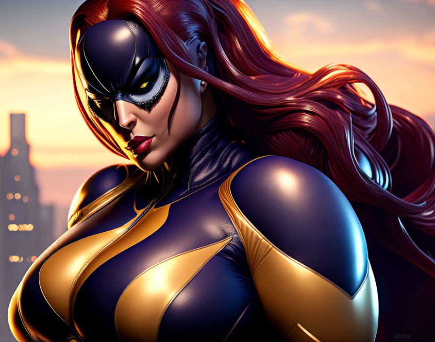 Female superhero with red hair in blue and gold costume in cityscape at sunset