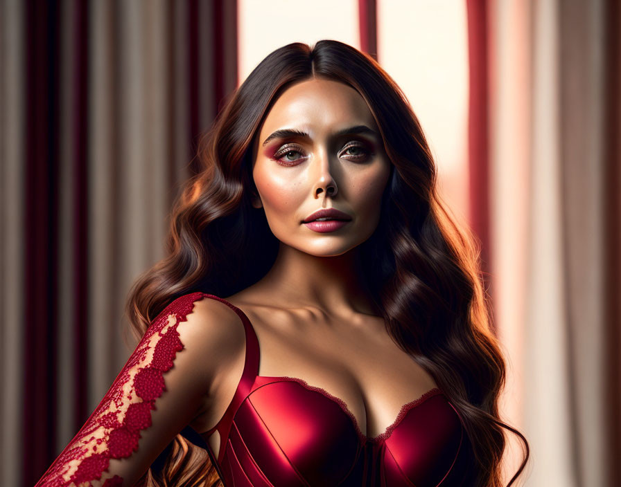 Brunette woman in red lace dress against warm-toned curtains