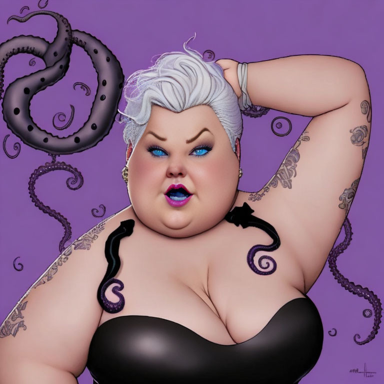 Plus-sized woman with white hair and tattoos in black outfit on purple background with tentacle-like designs