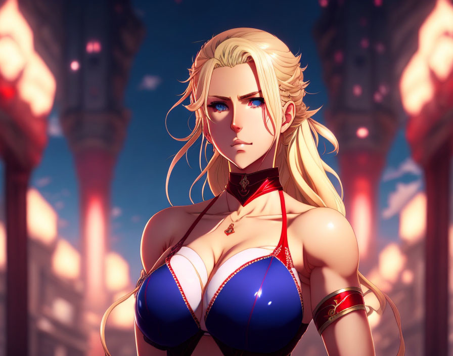 Blonde armored female character with blue eyes and red choker in architectural dusk setting