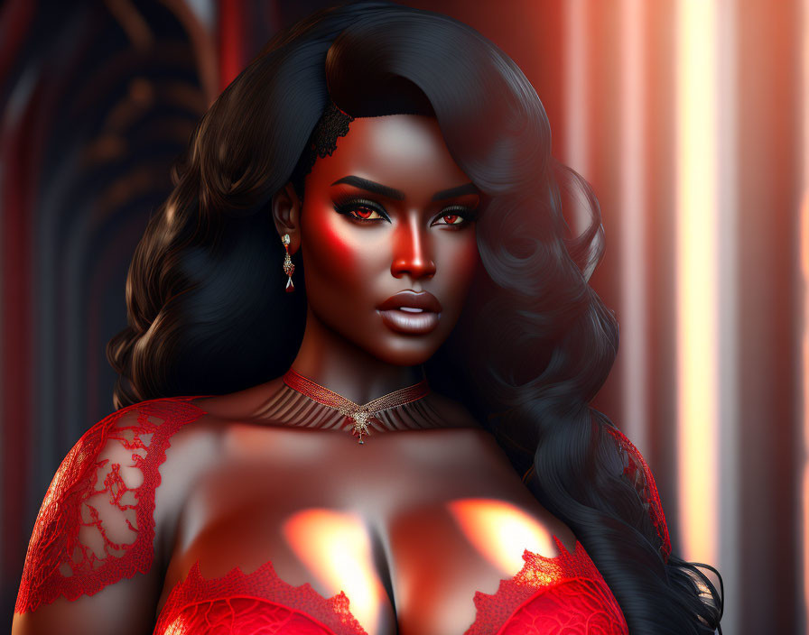 Digital Artwork: Woman with Voluminous Hair and Red Lace Garment