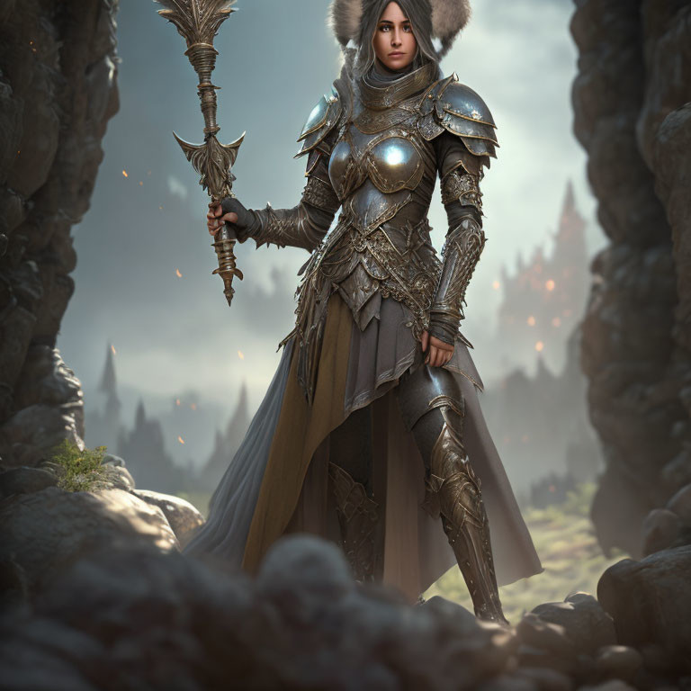 Female warrior in ornate armor with staff in dark, rocky landscape