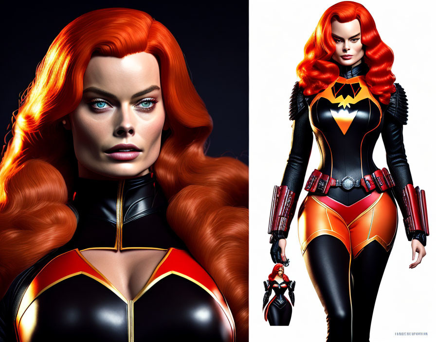 Vibrant red-haired woman in black superhero outfit illustration