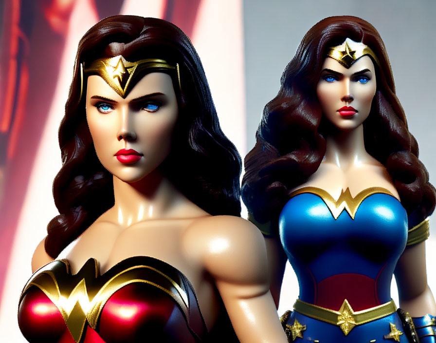 Detailed Wonder Woman action figures in traditional costumes with dynamic background