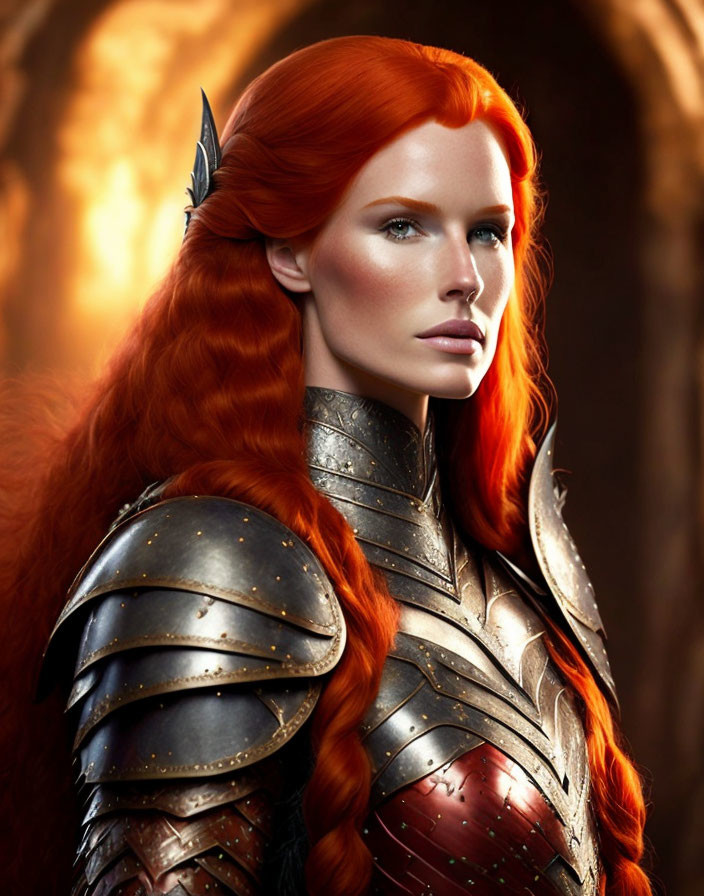 Red-Haired Warrior in Detailed Armor with Arrow-Shaped Earring