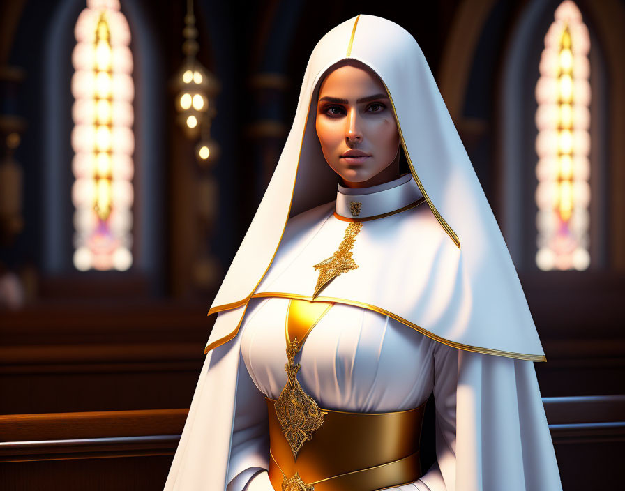 Digital Artwork: Woman in Nun's Habit in Cathedral Setting