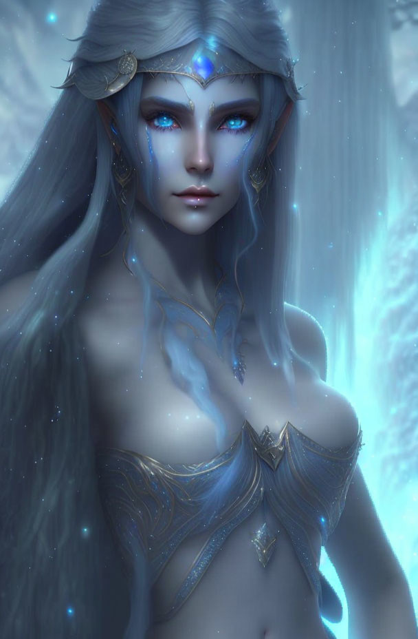 Mystical female character with blue eyes and ornate headpiece in icy setting