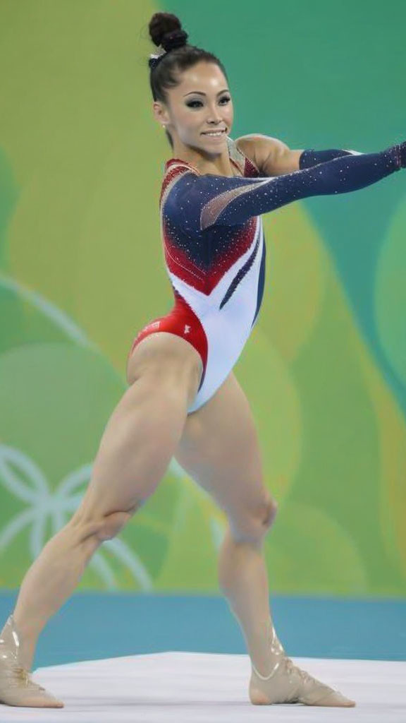 Female gymnast in red, white, blue leotard against green floral backdrop