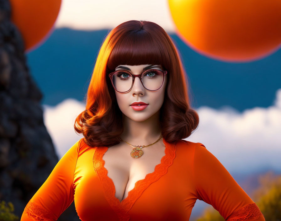 Digital portrait of woman with amber hair and glasses on orange backdrop.