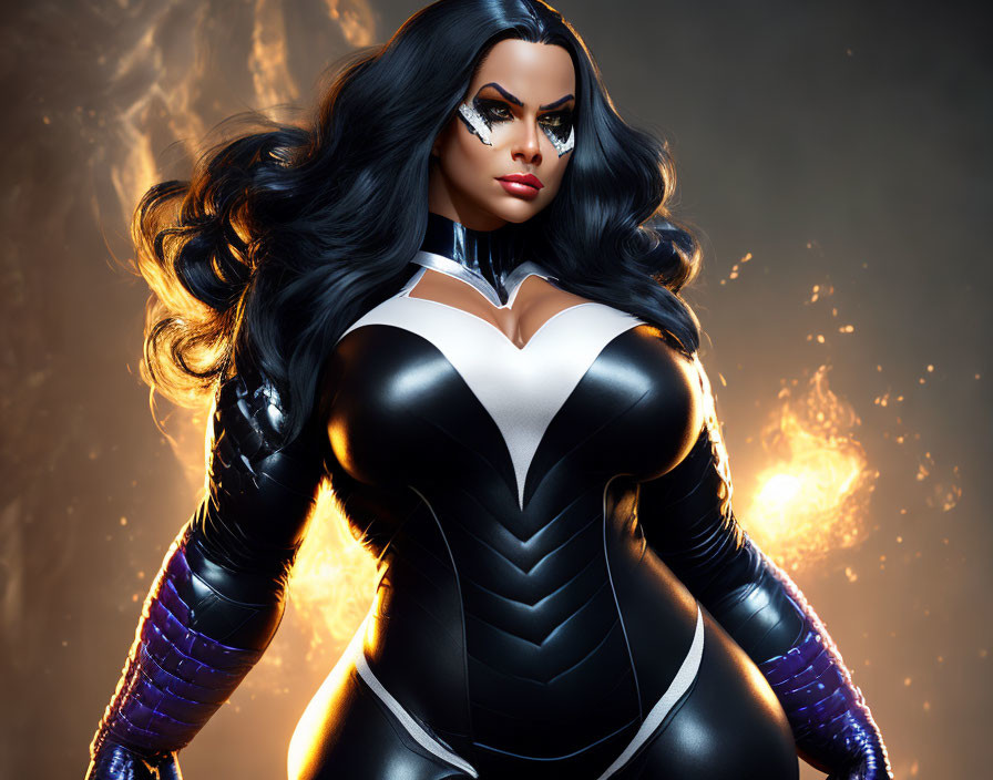 Female superhero with long black hair and flames in black and white costume