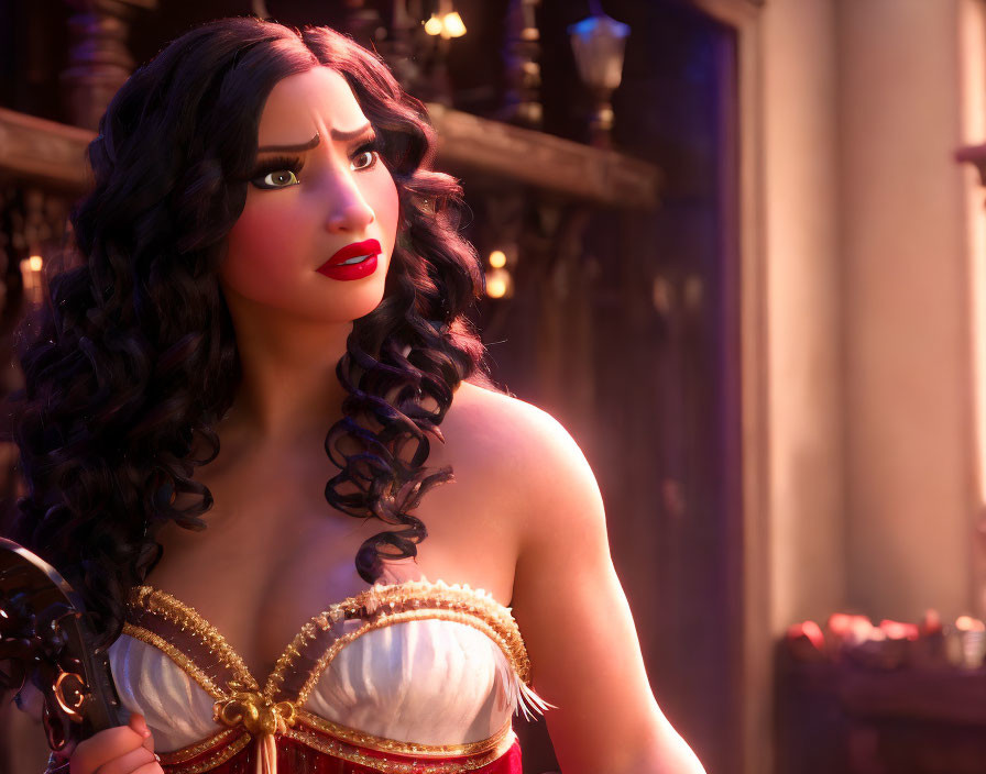 Dark Curly-Haired Female Character in Red and Gold Corset: 3D Animated Image