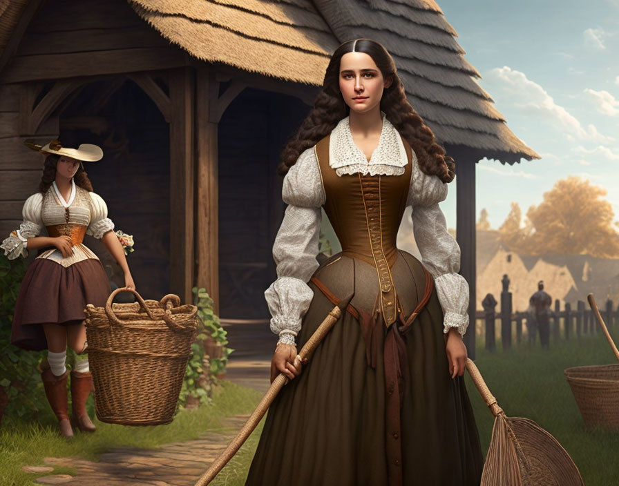 Two women in historical clothing near wooden house in pastoral scene.