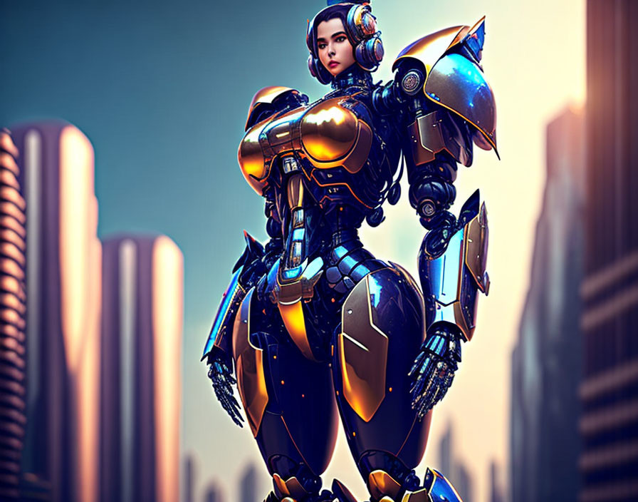 Futuristic female robot in blue and gold armor against city backdrop