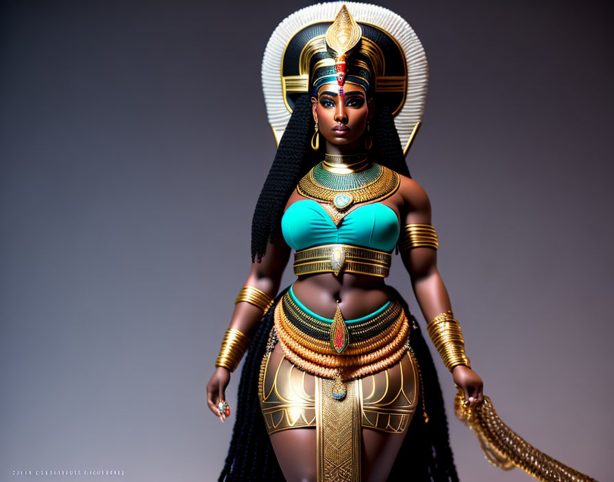 Digital artwork of woman as Egyptian goddess with elaborate headdress & golden jewelry