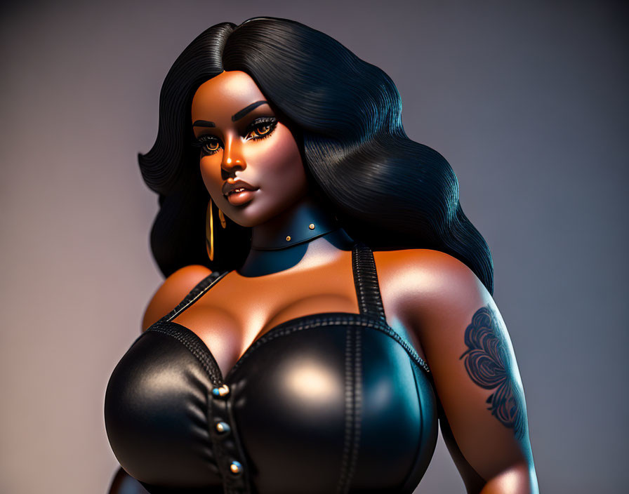 Voluminous black hair woman in striking makeup and tattoo, wearing tight black outfit.