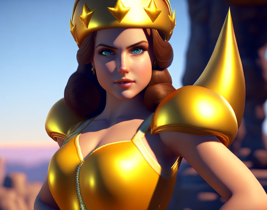 Character with Golden Crown and Armor in 3D Render against Twilight Sky