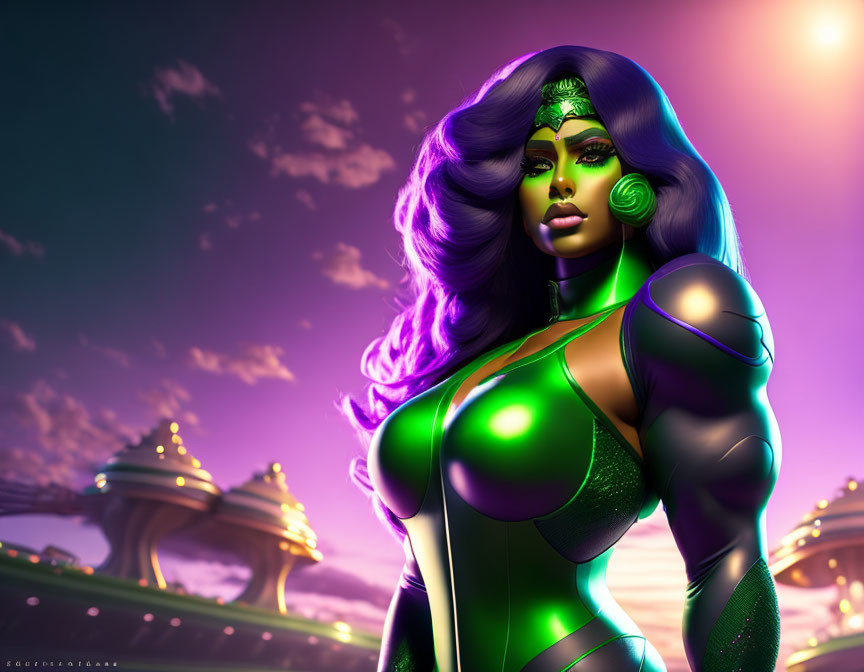 Digital artwork of woman with purple hair in futuristic costume against neon-lit cityscape