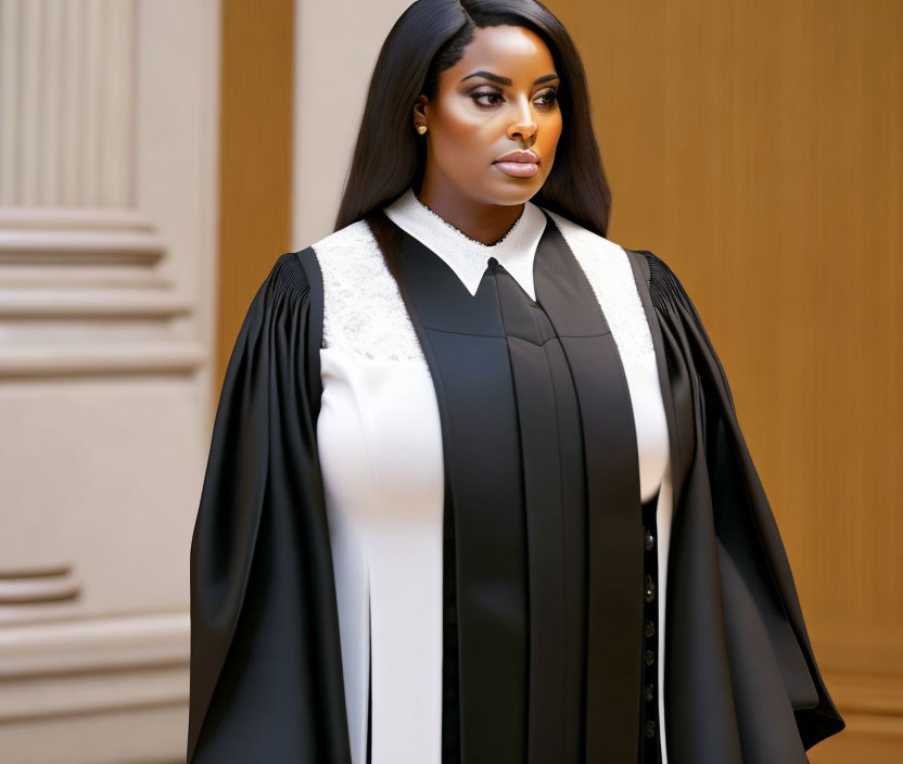 Confident person in lawyer's black robe with white neckpiece exudes professionalism