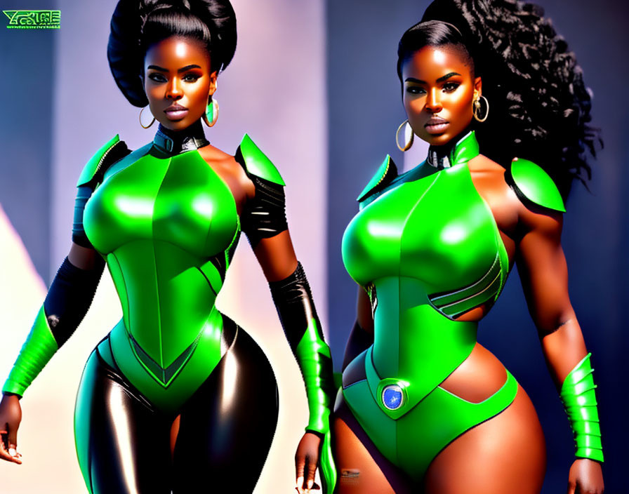 Stylized 3D female characters in futuristic green and black bodysuits pose confidently