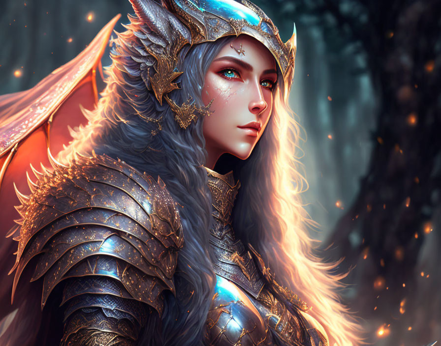 Fantastical female warrior with dragon-themed armor in digital art