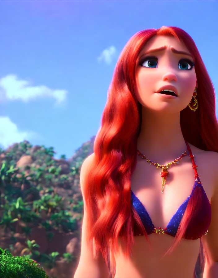 Red-haired animated character in blue and red bikini top with gold jewelry looks up worriedly.