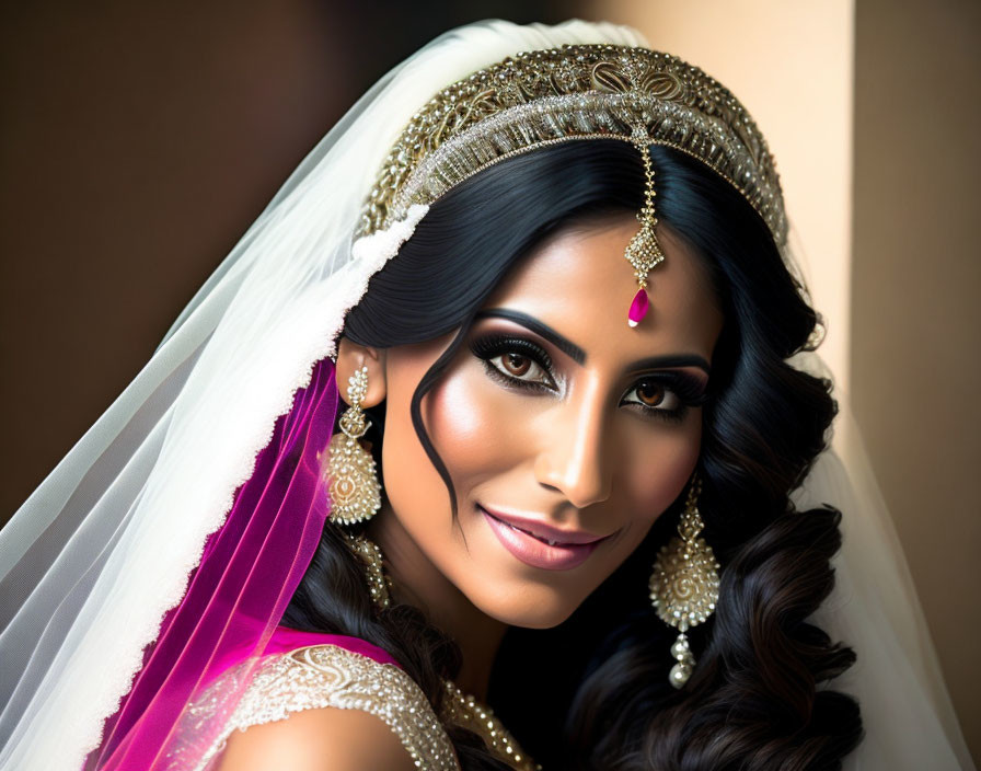 Intricate Bridal Attire with Headpiece, Earrings, and Bindi