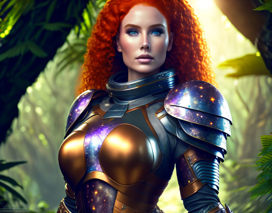 Fiery red-haired woman in galaxy-themed armor in lush jungle setting