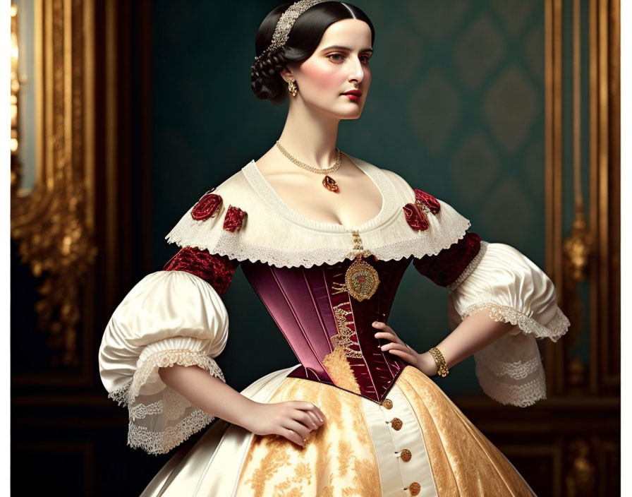 Victorian-style dress with corset and puffed sleeves