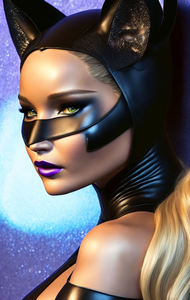 Stylized portrait of a woman with cat ears and mask on purple background