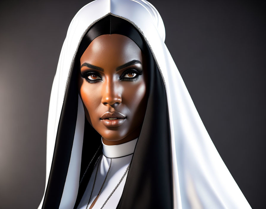 Striking individual with bold makeup in nun's habit, black and white colors, intense gaze