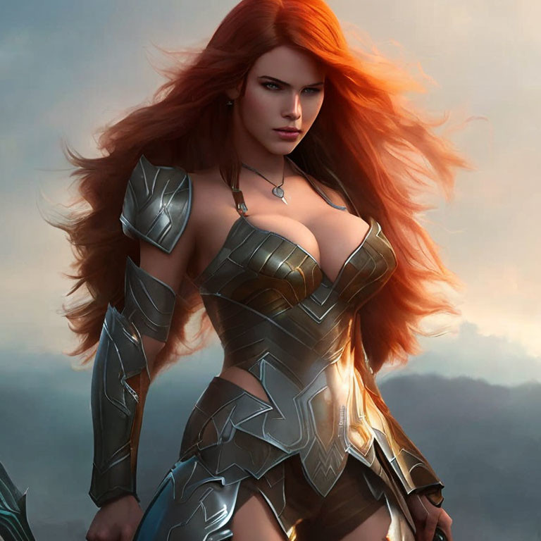 Female warrior in silver armor with red hair and pendant against cloudy sky