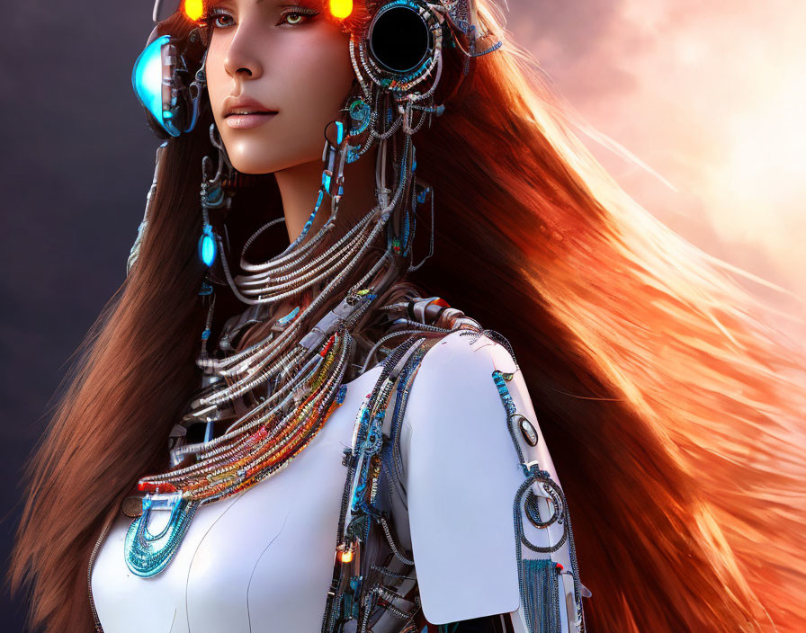 Woman with cybernetic enhancements in futuristic setting at dusk