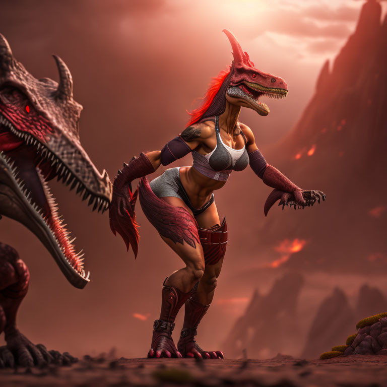 Humanoid creature with dinosaur features and athletic wear beside large dinosaur under reddish sky