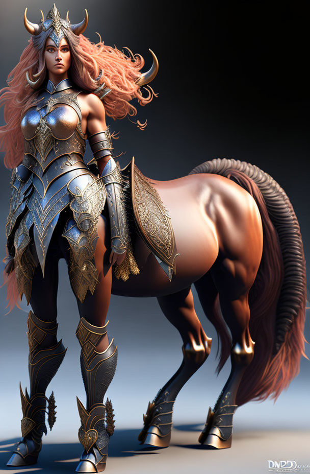 Digital Art: Centaur Warrior Woman with Detailed Armor and Fiery Red Hair