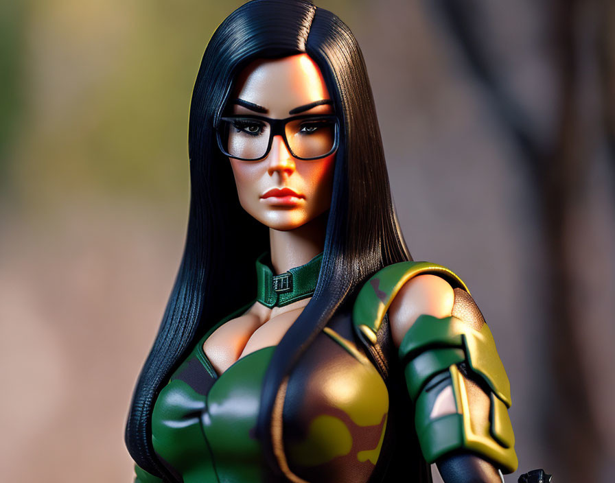 Female Action Figure: Black Hair, Glasses, Green & Black Camouflage Suit