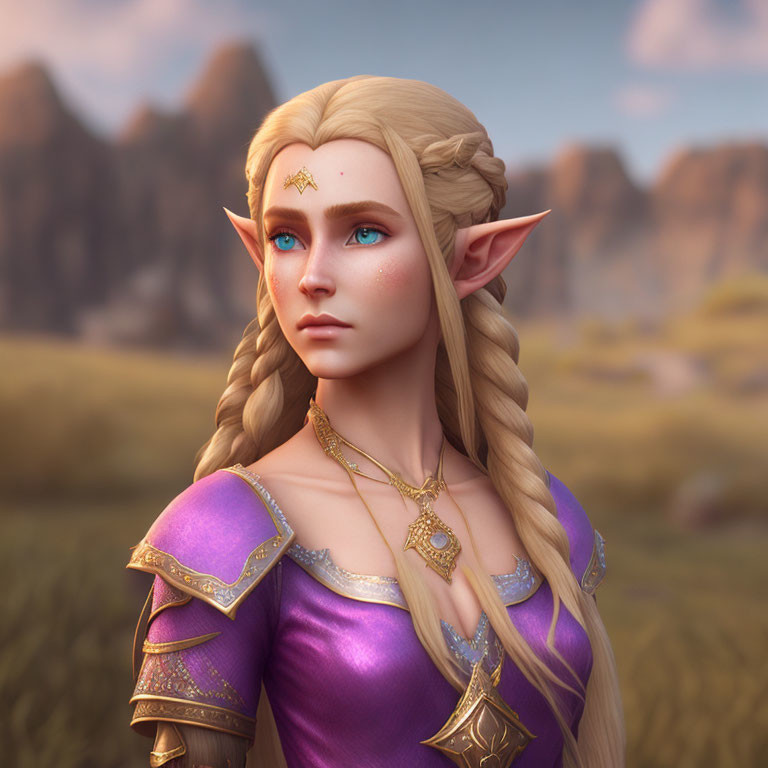 Blonde Braided Elf in Purple Dress with Golden Armor and Mountainous Background