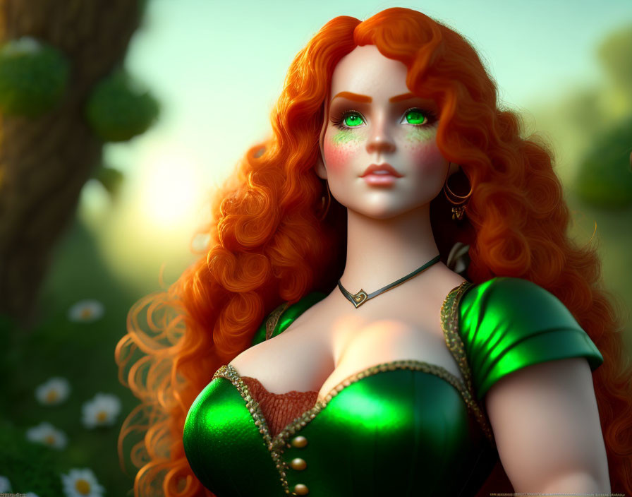 Woman with Red Hair and Green Eyes in Sunlit Forest Scene