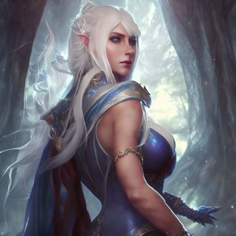 Fantasy elf with white hair, blue eyes, ornate armor in mystical forest.