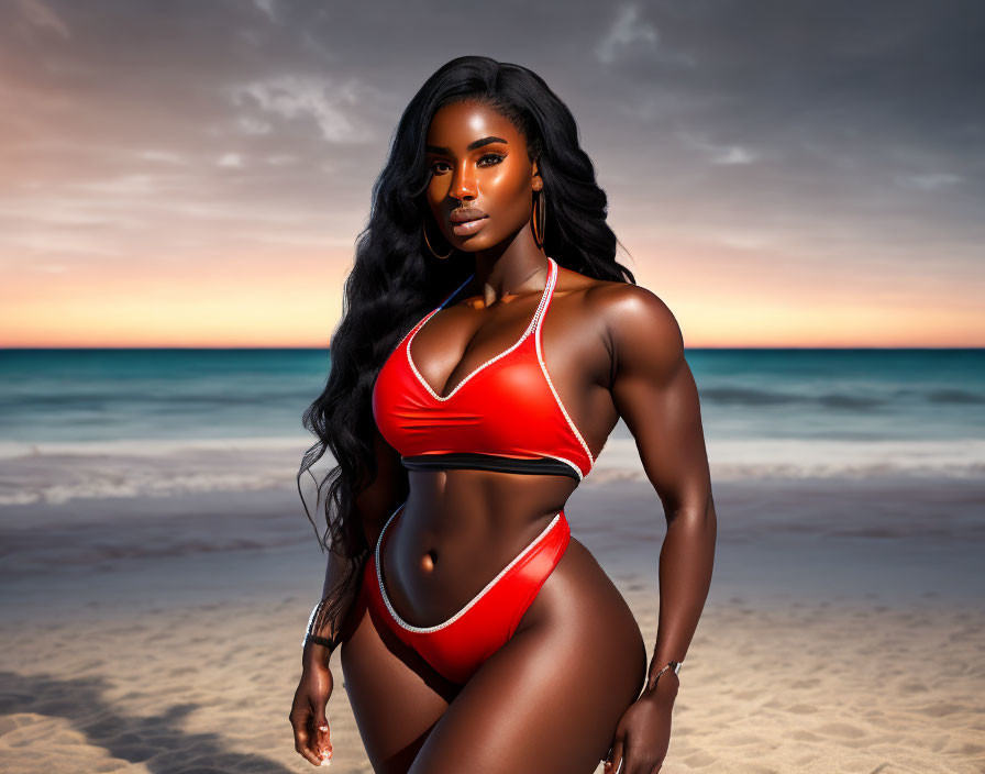 Woman in Red Bikini on Beach at Sunset with Ocean and Colorful Sky