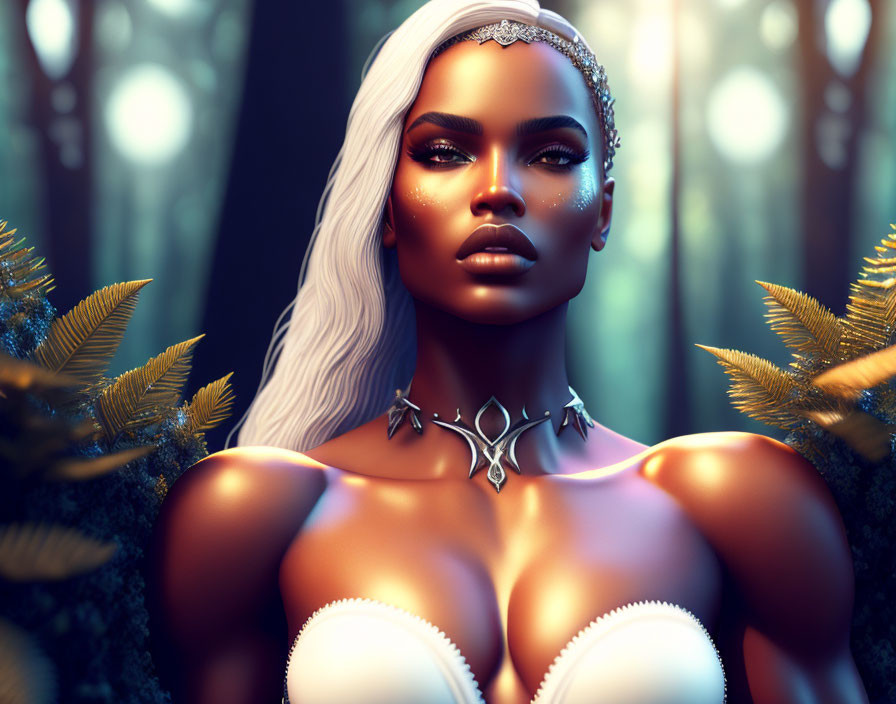 Woman with white hair and silver jewelry in mystical forest setting